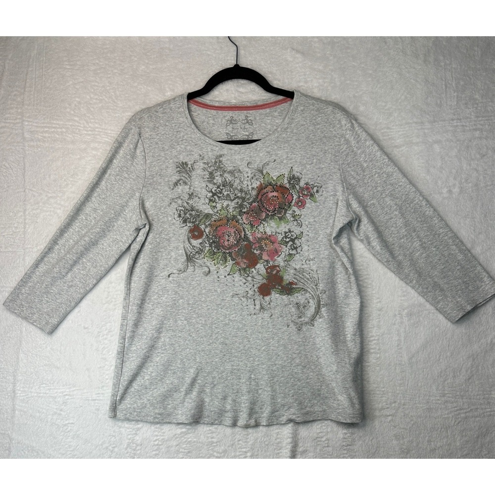 Nicole Miller Floral Graphic Top Womens Large Gray 3/4 Sleeve Rhinestone